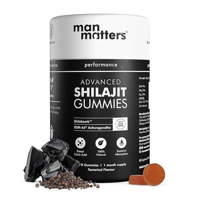 Man Matters Pure Himalayan Shilajit/Shilajeet Gummies Advanced With 75% Fulvic Acid, Ksm 66 Ashwagandha & Black Pepper | Boosts Stamina & Improves Energy Levels | No Added Sugar