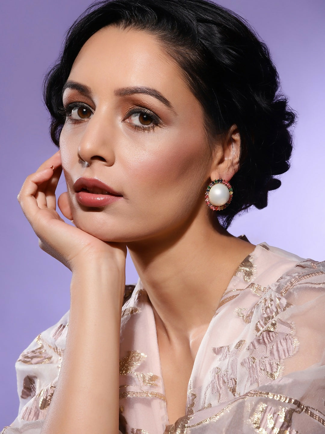 Pearl Studs with Multi Stones- Ruby Raang