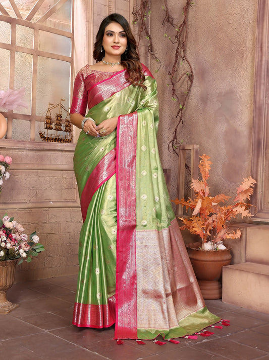 Vedant Vastram Tissue Silk Kanjeevaram Silk Saree - Parrot
