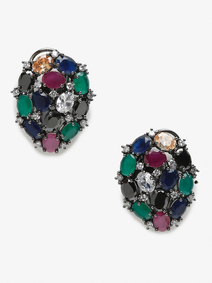 Multicoloured Rhodium-Plated Teardrop Shaped Drop Earrings - Ruby Raang
