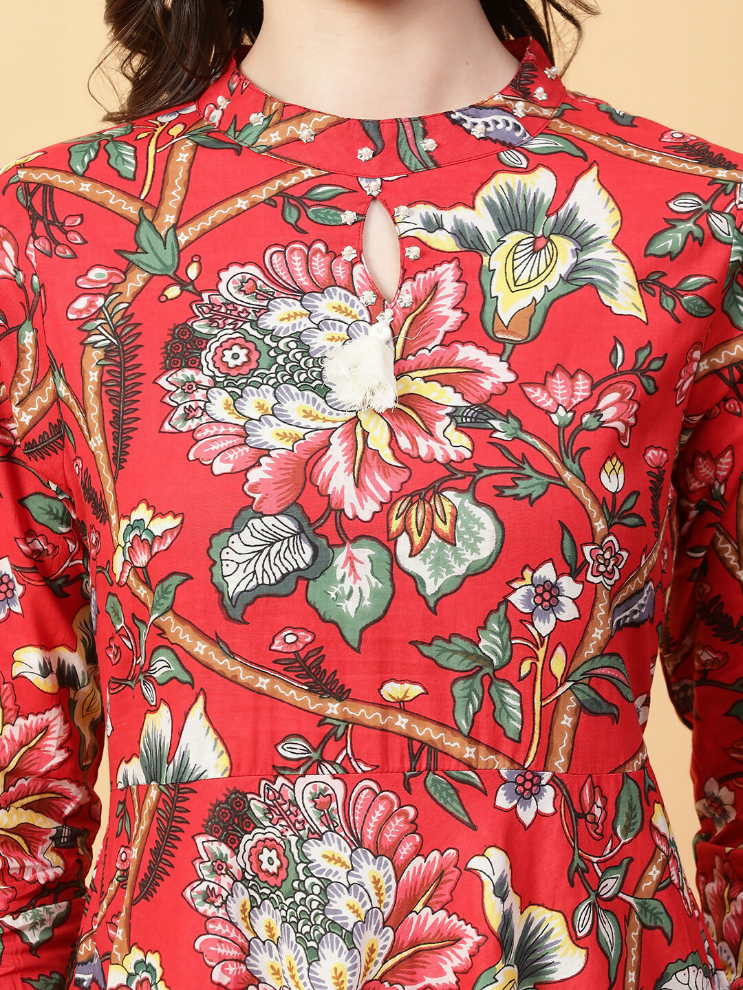 Joban Fashion Red Cotton Printed & Hand Work Dress