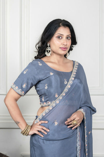 Morchari Grey Chiffon Hand Embroidery Saree And Stitched Blouse