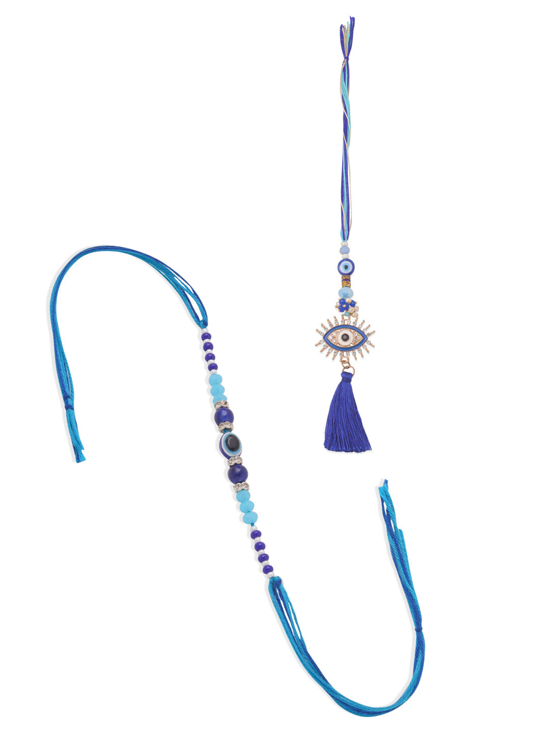 NVR Set of 2 Blue Evil Eye Artificial Stones & Beads Bhaiya Bhabhi Rakhi with Roli Chawal Chandan & Mishri
