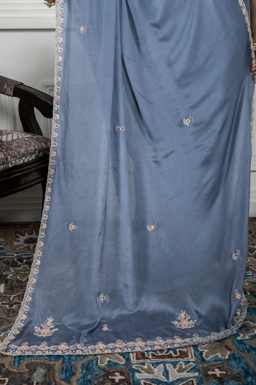 Morchari Grey Chiffon Hand Embroidery Saree And Stitched Blouse