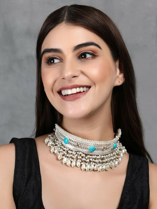 Joban Fashion Women White Beads Style Silver Tone Necklace