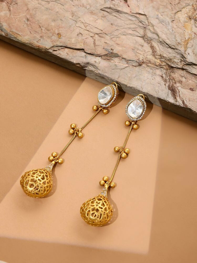 Glass Kundan Antique finish Long Earrings - Ruby Raang