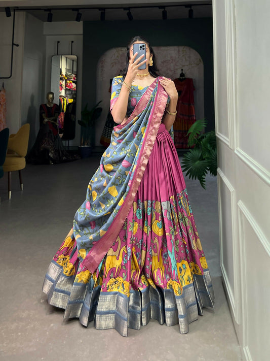 Vastranavya Kalamkari Printed Dola Silk Lehenga Choli - Pink
