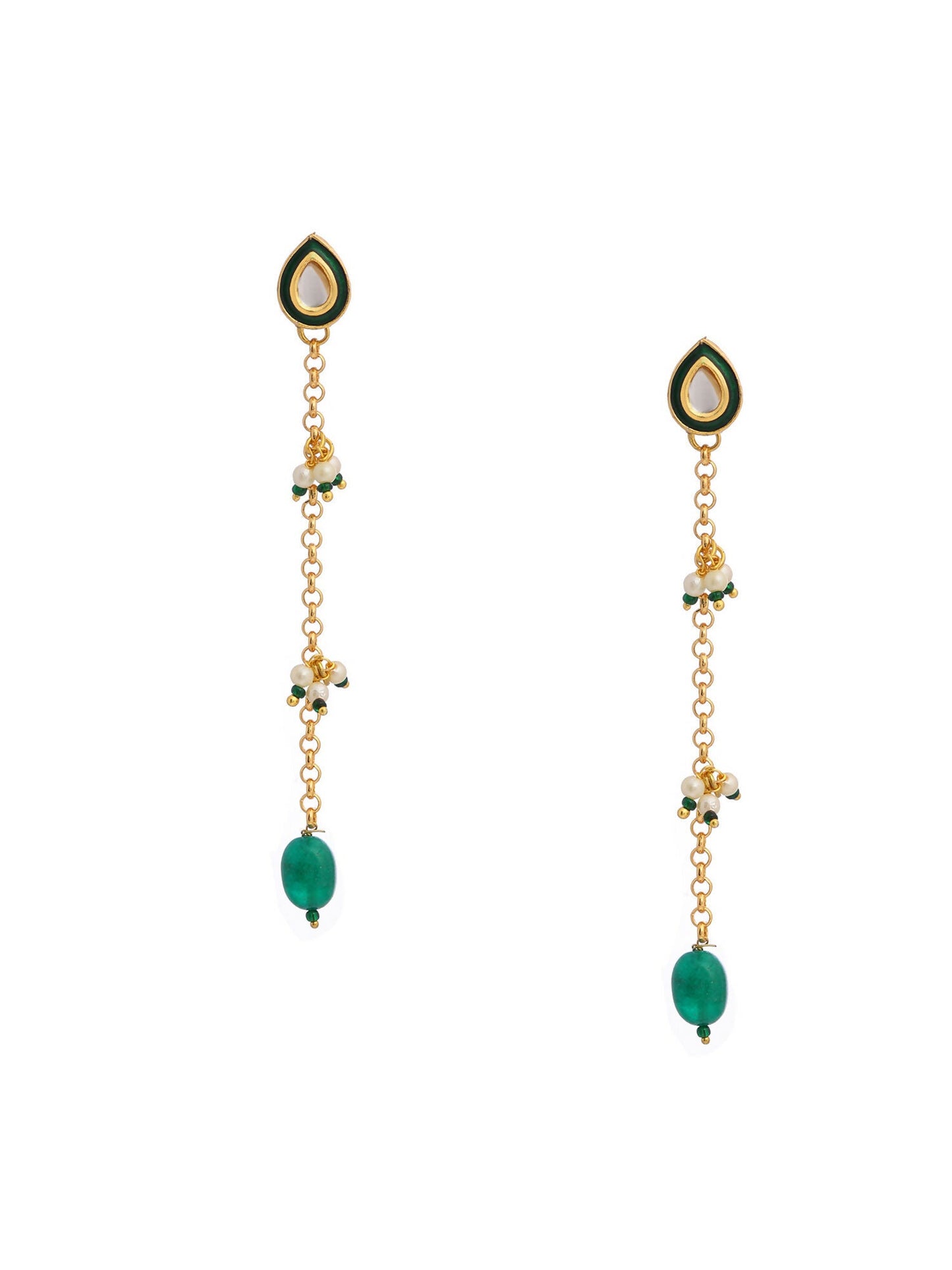 Ruby Raang Green Long Kundan Dangler Earrings