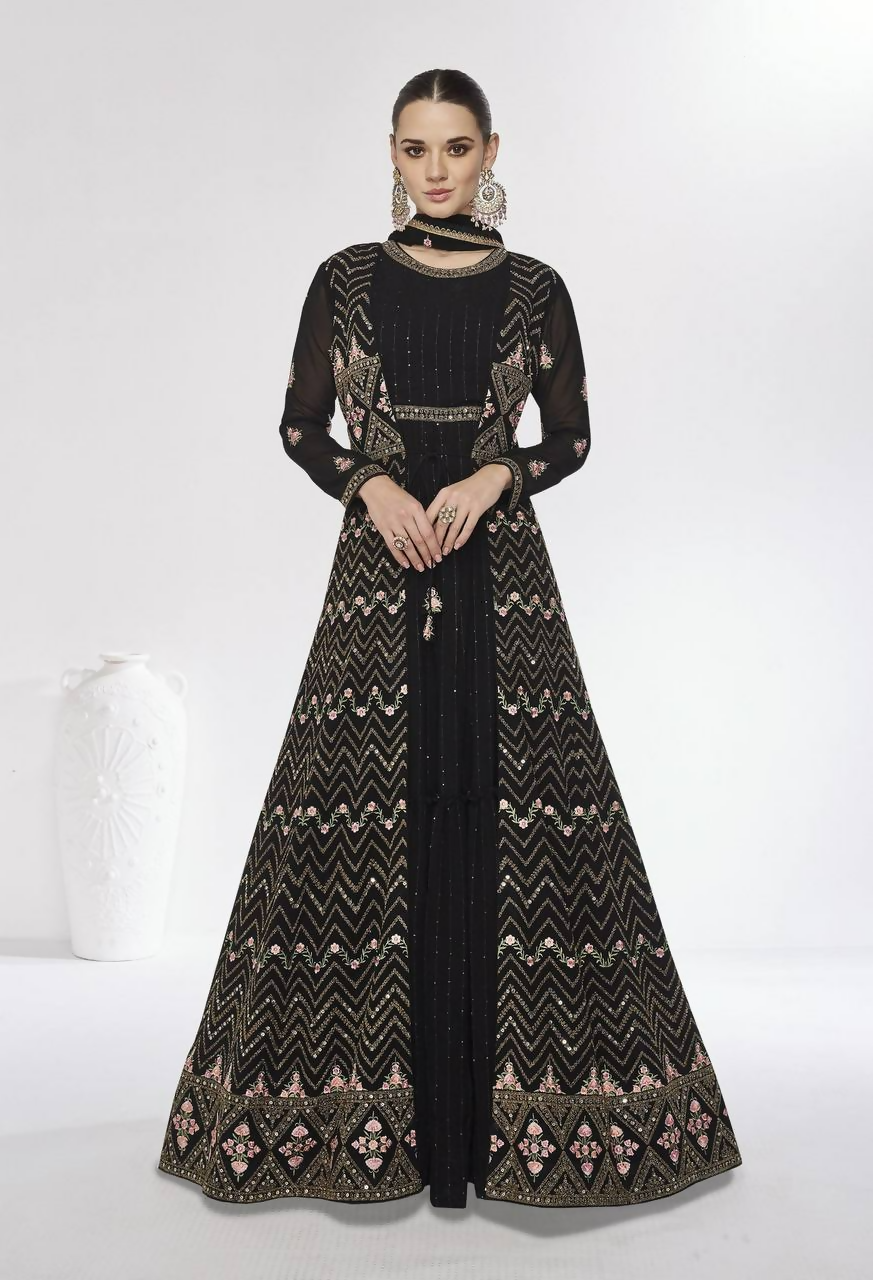 Lorenvalley Fashion Black Faux Georgette Embroidery Work Gown Jacket Stitched