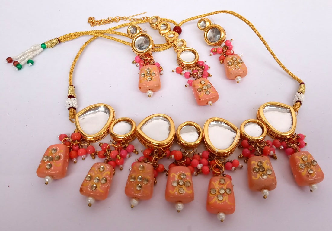 Joban Fashion Peach Kundan Work Necklace Set