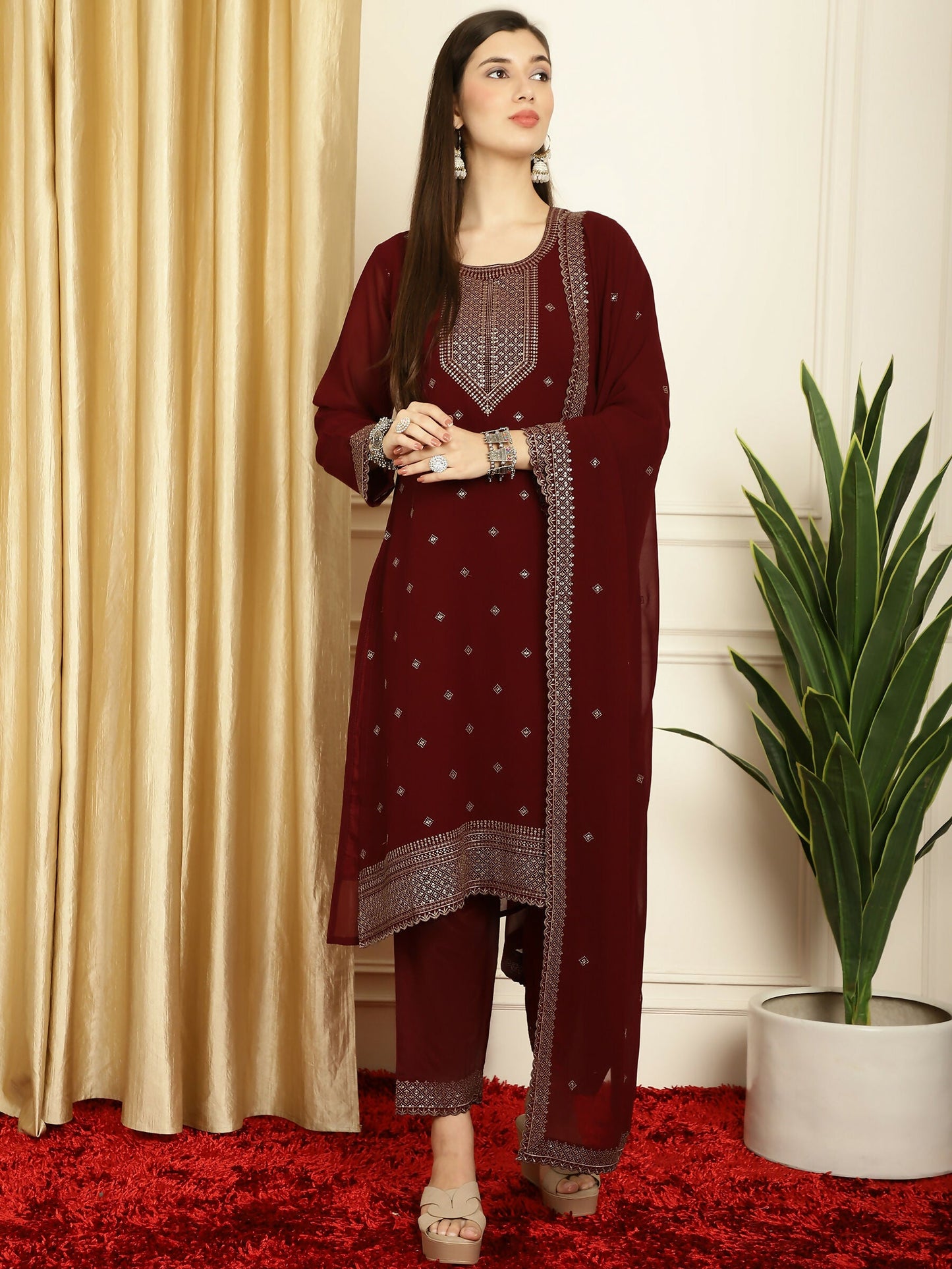 Jyoti Fashion Women's Maroon Georgette Resham Thread & Sequin Kurta with Trouser & Dupatta