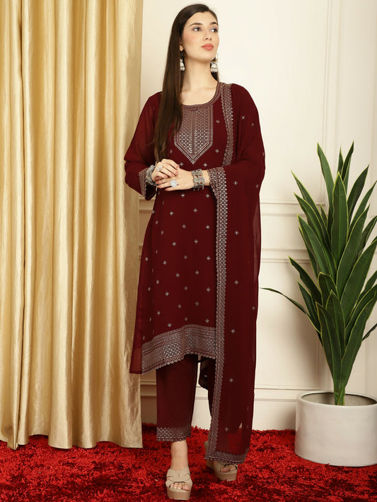 Jyoti Fashion Women's Maroon Georgette Resham Thread & Sequin Kurta with Trouser & Dupatta