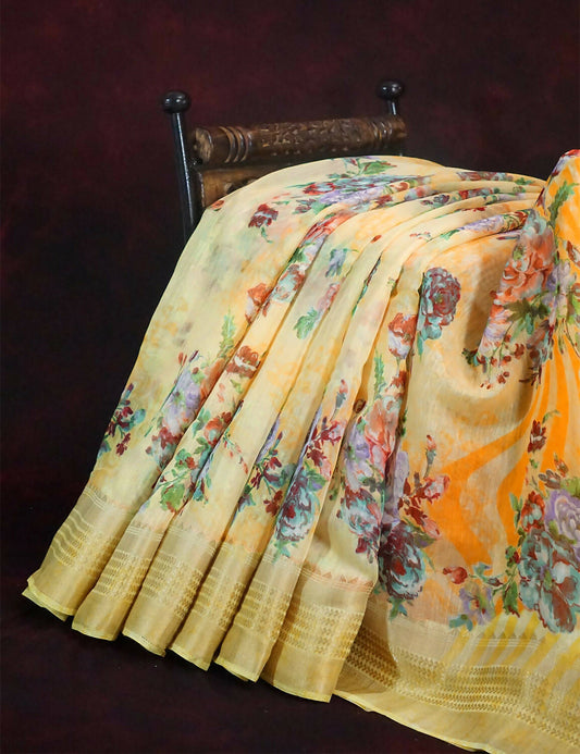 Vibrant Combination Of Light Yellow With Floral Design Semi Chanderi Saree By Gayathri Reddy Designer Studio