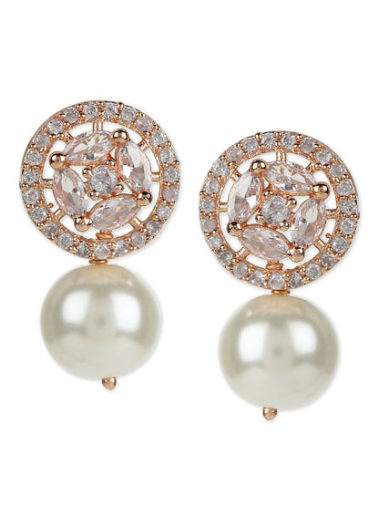 Pearl Stone Earrings in Rose Gold Tone- Ruby Raang