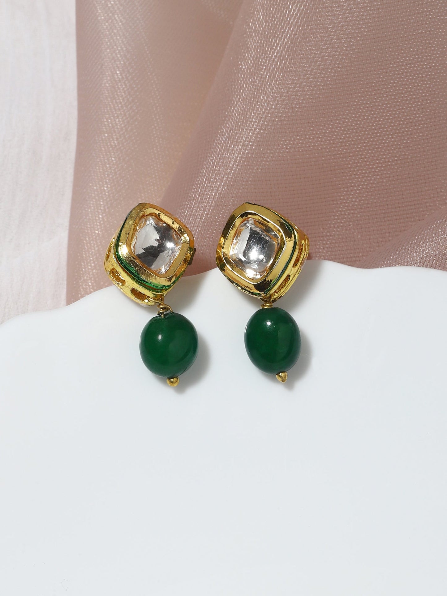 Women's Green Kundan Contemporary Drop Earrings - Ruby Raang