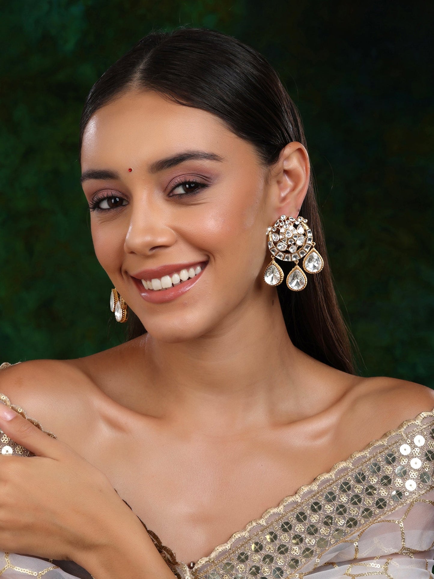 Chand Kundan Earrings with Teardrops - Ruby Raang