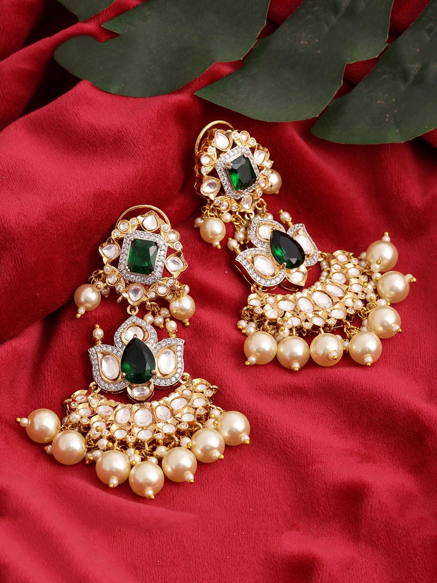 Dangler Kundan Earrings with Pearls - Ruby Raang