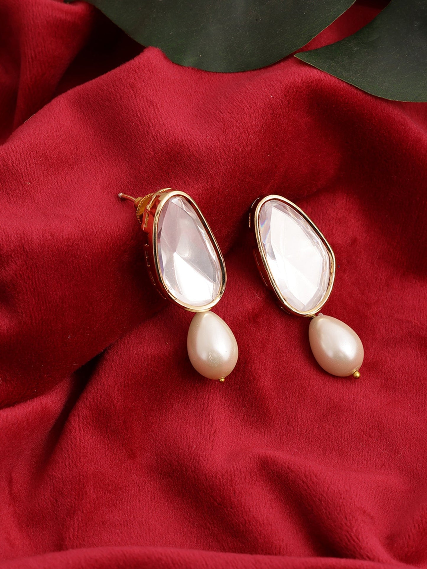 Long Kundan Stud with Pearl Drop - Ruby Raang