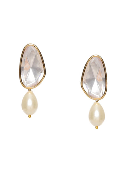 Long Kundan Stud with Pearl Drop - Ruby Raang