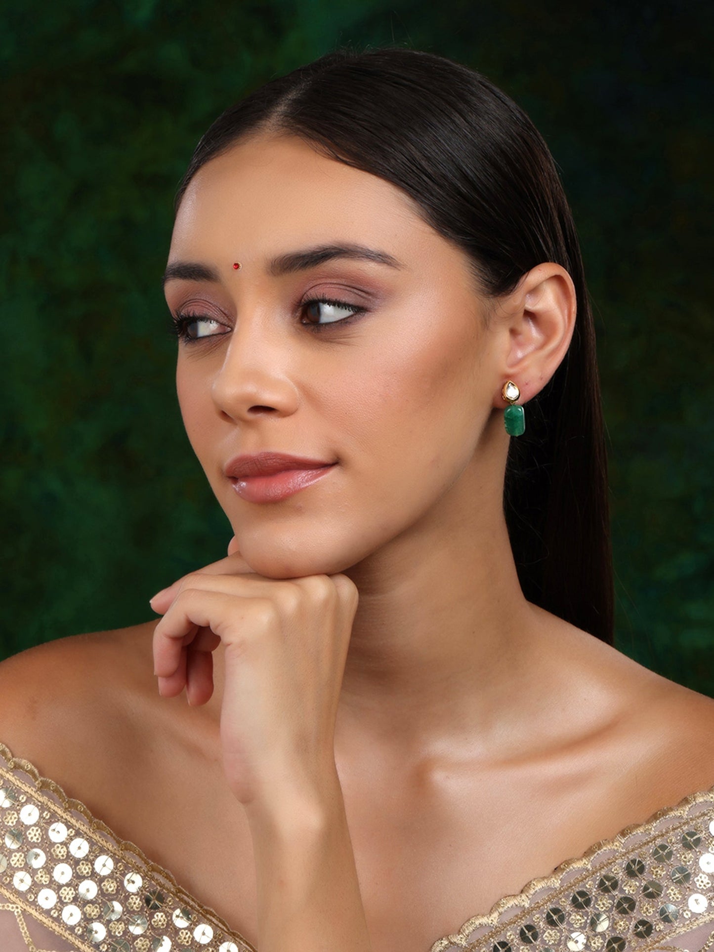 Kundan Studs with Green Stone - Ruby Raang