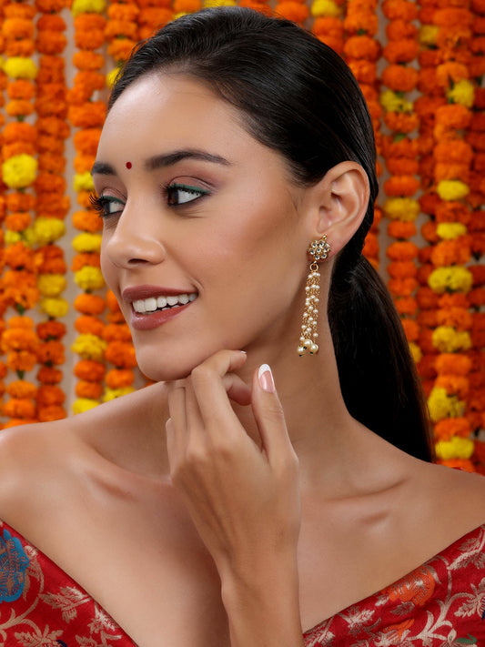 Long Dangler Kundan & Pearl Earrings - Ruby Raang