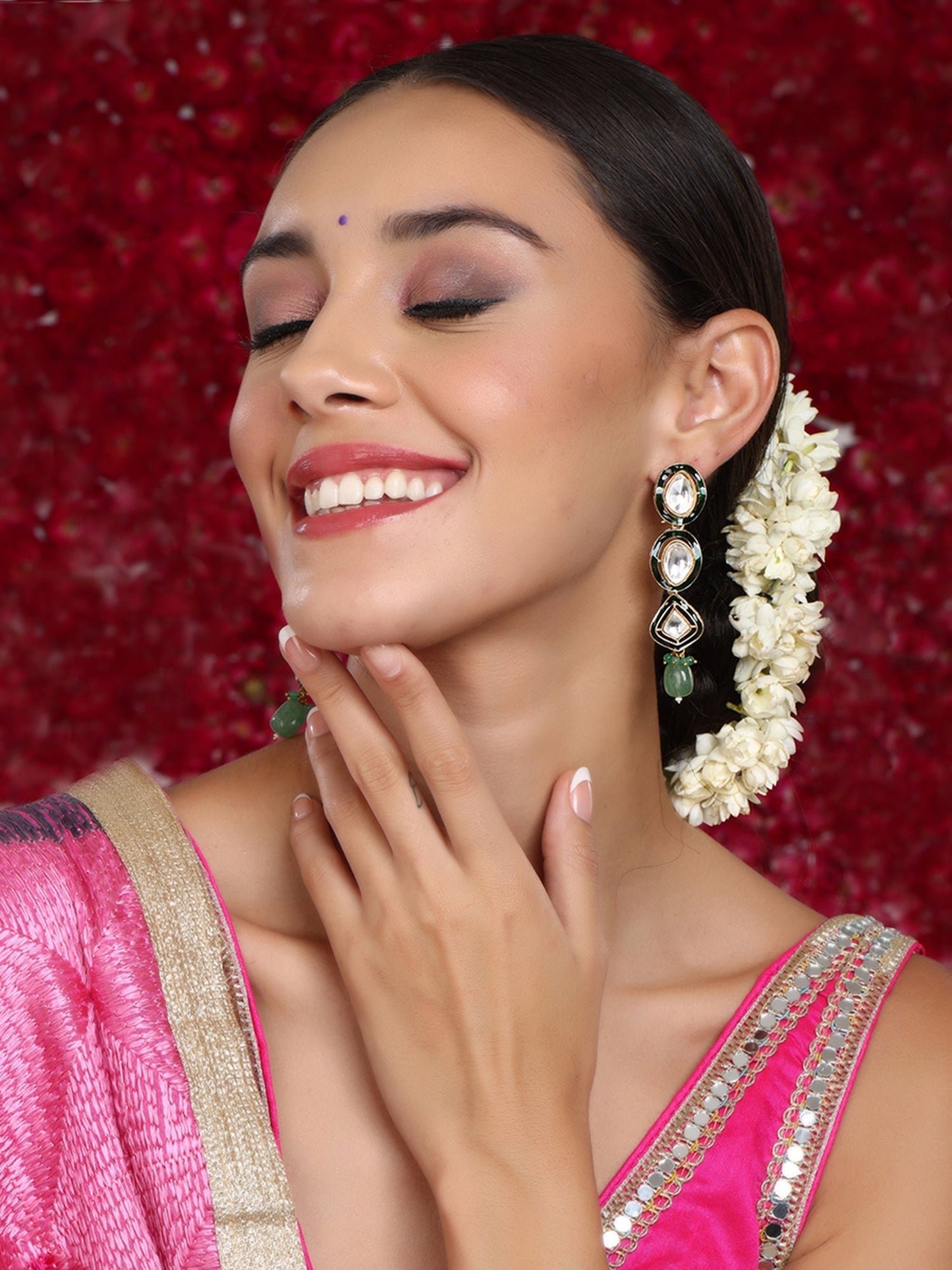 Long Meenakari Kundan Earrings with Emeralds - Ruby Raang