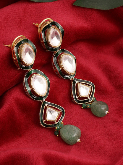 Long Meenakari Kundan Earrings with Emeralds - Ruby Raang
