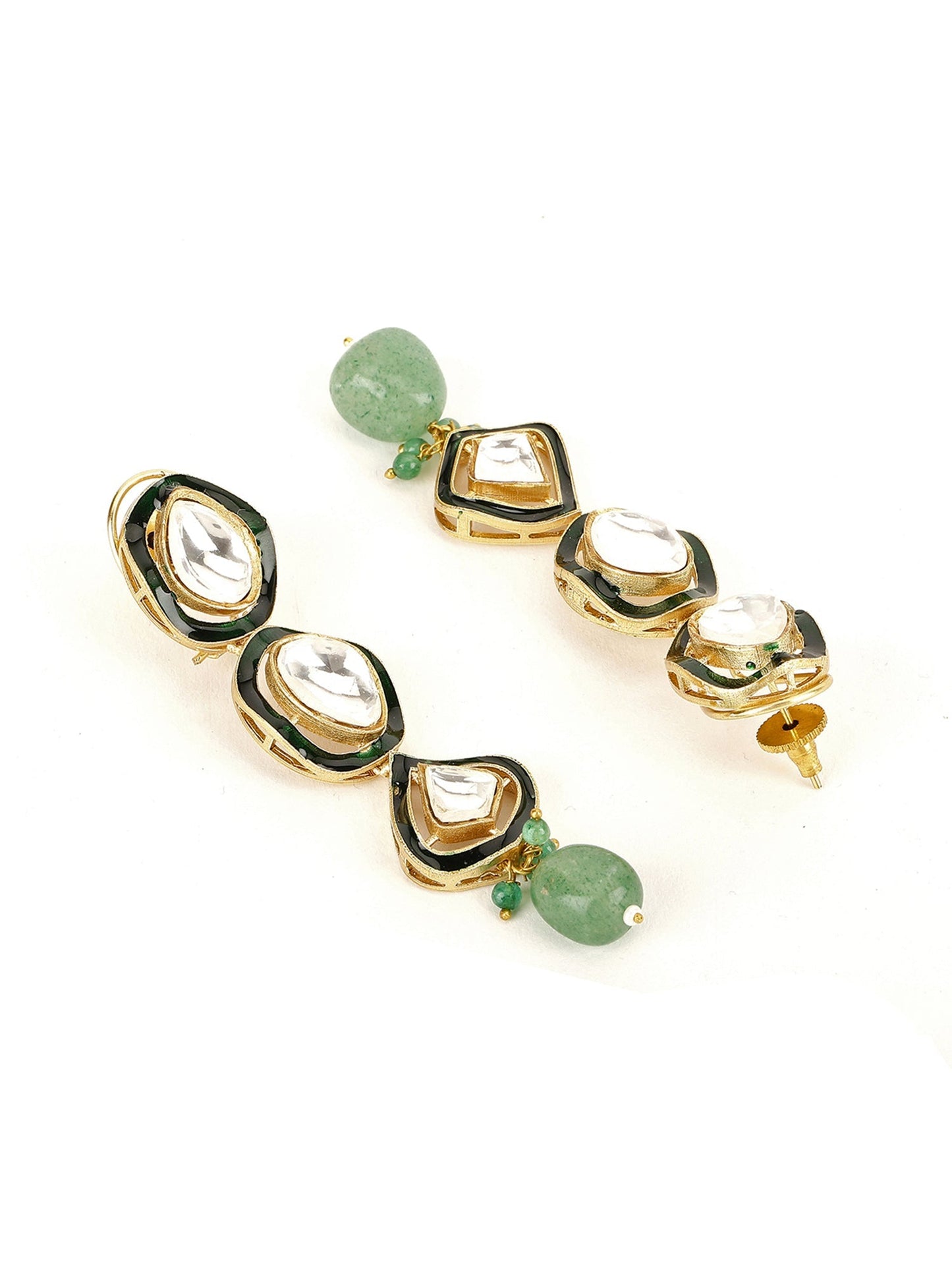 Long Meenakari Kundan Earrings with Emeralds - Ruby Raang