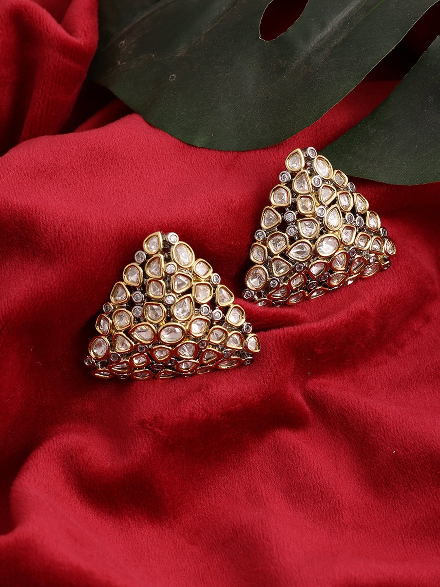 Triangle Dual Tone Kundan Earrings - Ruby Raang
