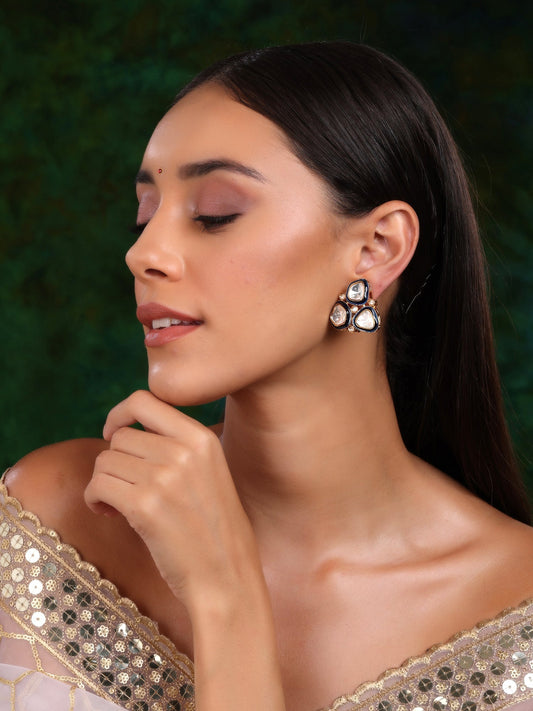 Three Stone Blue Meenakari Kundan Earrings - Ruby Raang