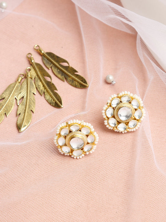 Gold-Toned Floral Kundan Studded Studs Earrings - Ruby Raang