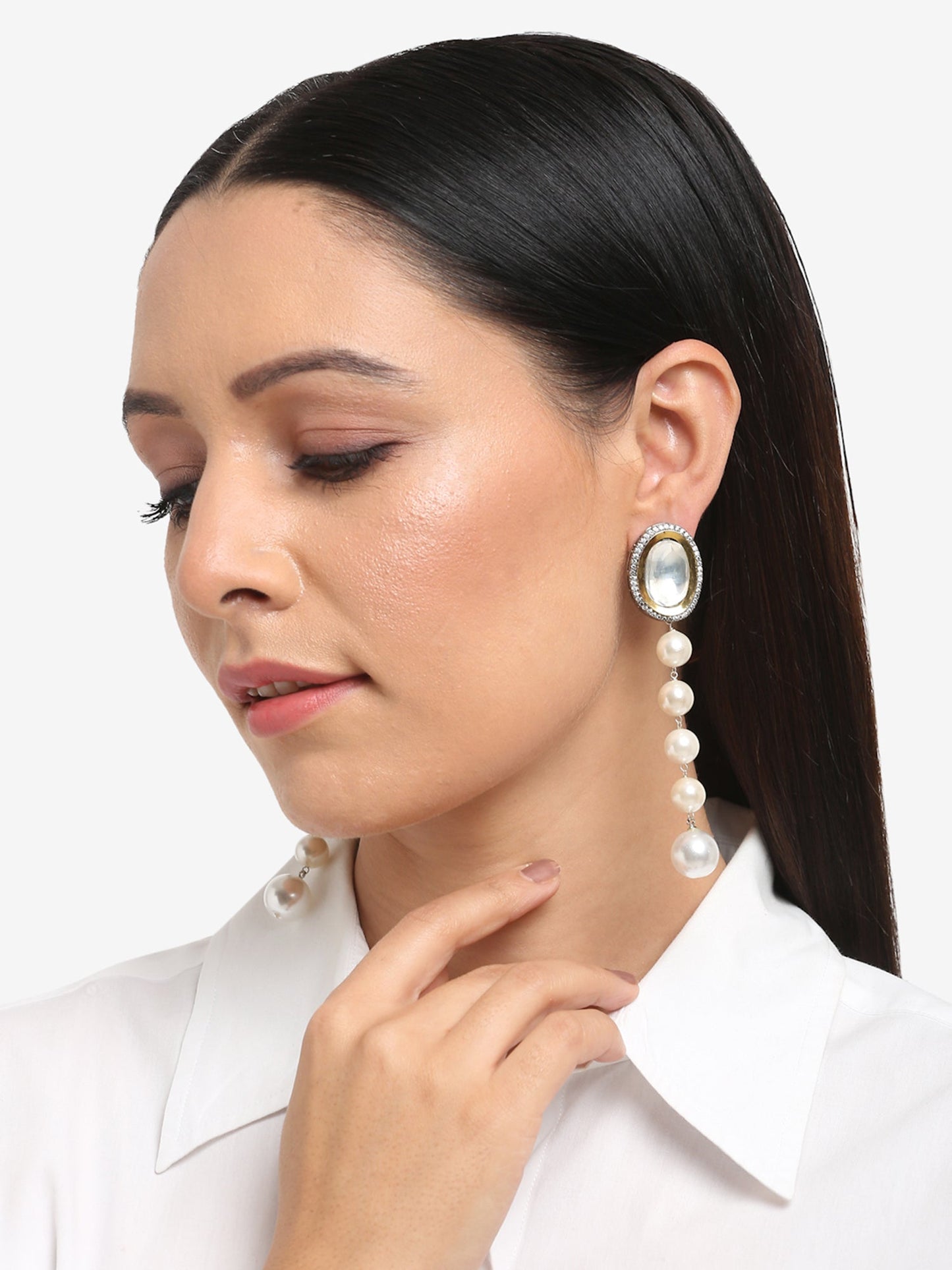 White Kundan Studded Pearls Drop Earrings - Ruby Raang