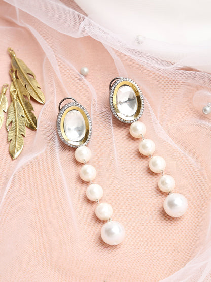 White Kundan Studded Pearls Drop Earrings - Ruby Raang