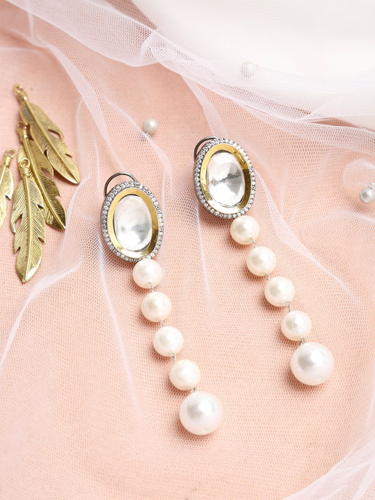 White Kundan Studded Pearls Drop Earrings - Ruby Raang