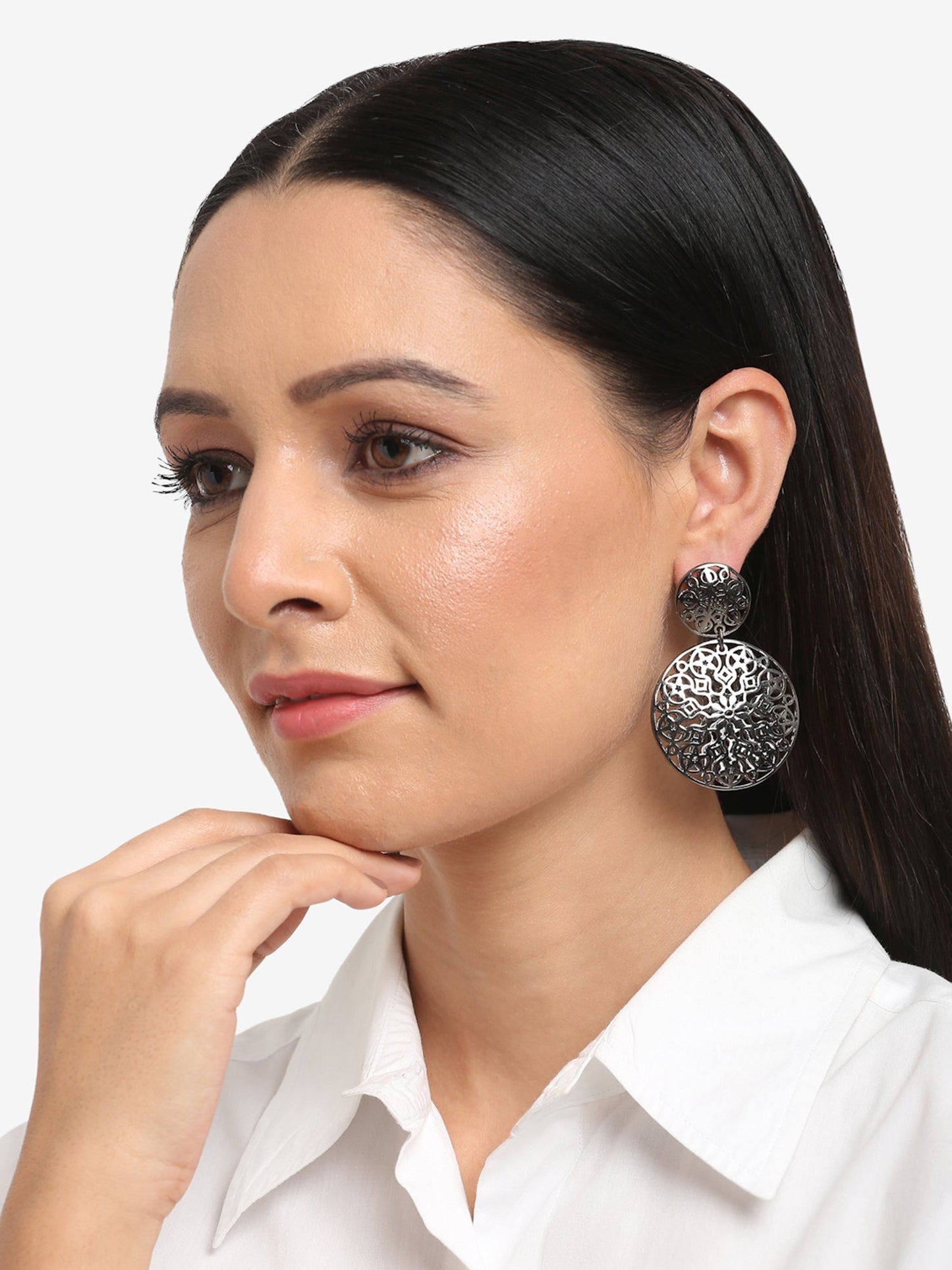 Silver-Toned Circular Drop Earrings - Ruby Raang