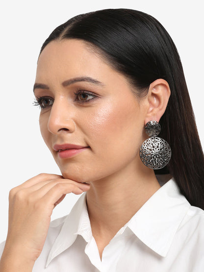 Silver-Toned Circular Drop Earrings - Ruby Raang