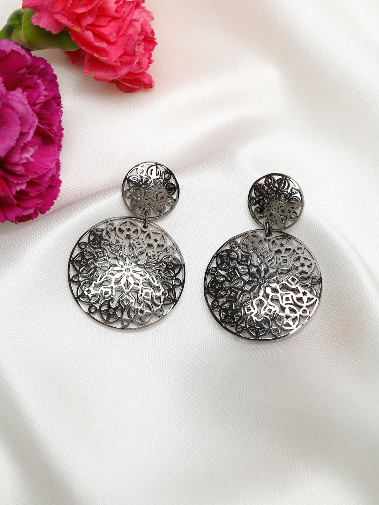 Silver-Toned Circular Drop Earrings - Ruby Raang