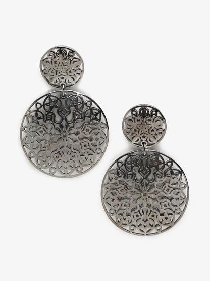 Silver-Toned Circular Drop Earrings - Ruby Raang