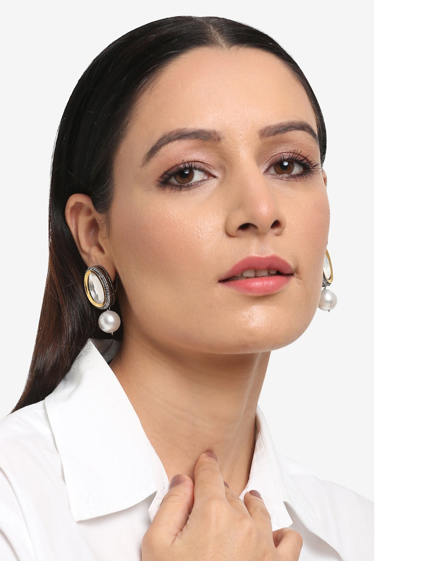 White Kundan Studded Drop Earrings - Ruby Raang