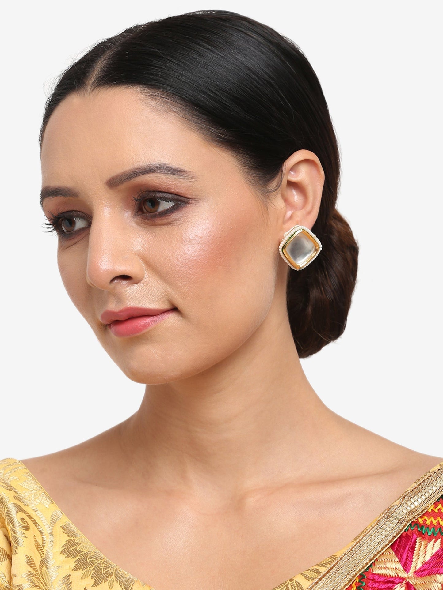 White Artificial Stone Beads Studded Contemporary Studs Earrings - Ruby Raang