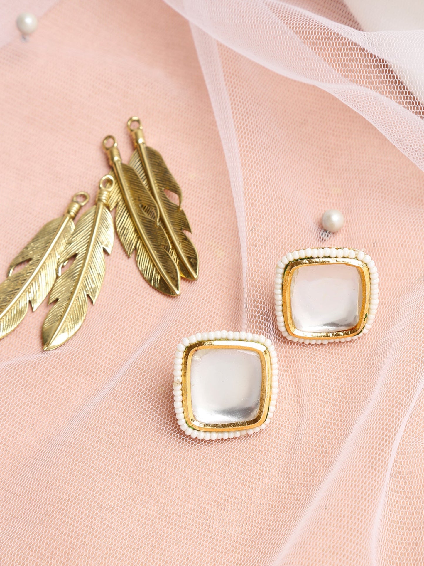 White Artificial Stone Beads Studded Contemporary Studs Earrings - Ruby Raang