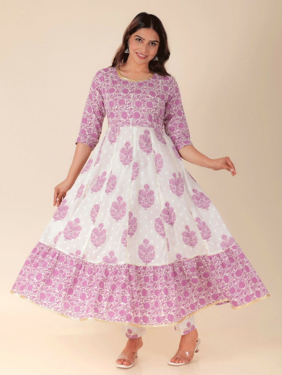 Aramya Anarkali Soft Cotton Floral Print Women's Kurta Set - White