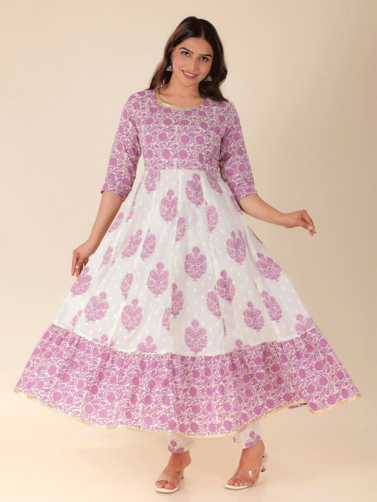 Aramya Anarkali Soft Cotton Floral Print Women's Kurta Set - White