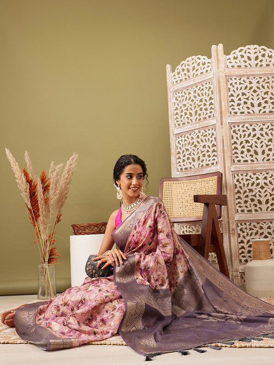 Pink Cotton Digital Print Floral Saree with Unstitched Blouse - Hiral Fashion