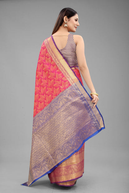 Hiral Fashion Pink Banarasi Art Silk Floral Woven Design Saree