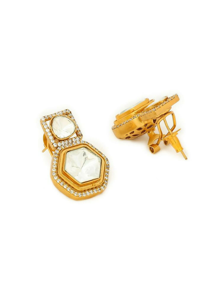 square kundan earrings with hexagon drop - Ruby Raang