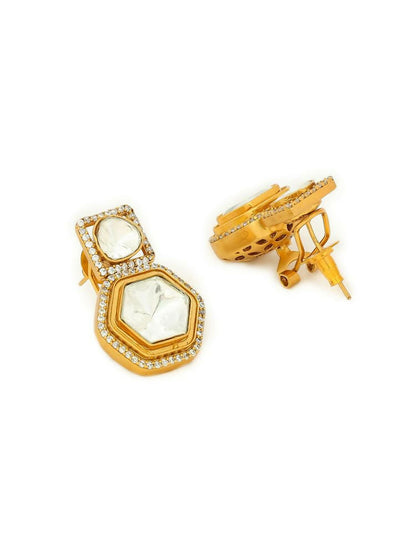 square kundan earrings with hexagon drop - Ruby Raang