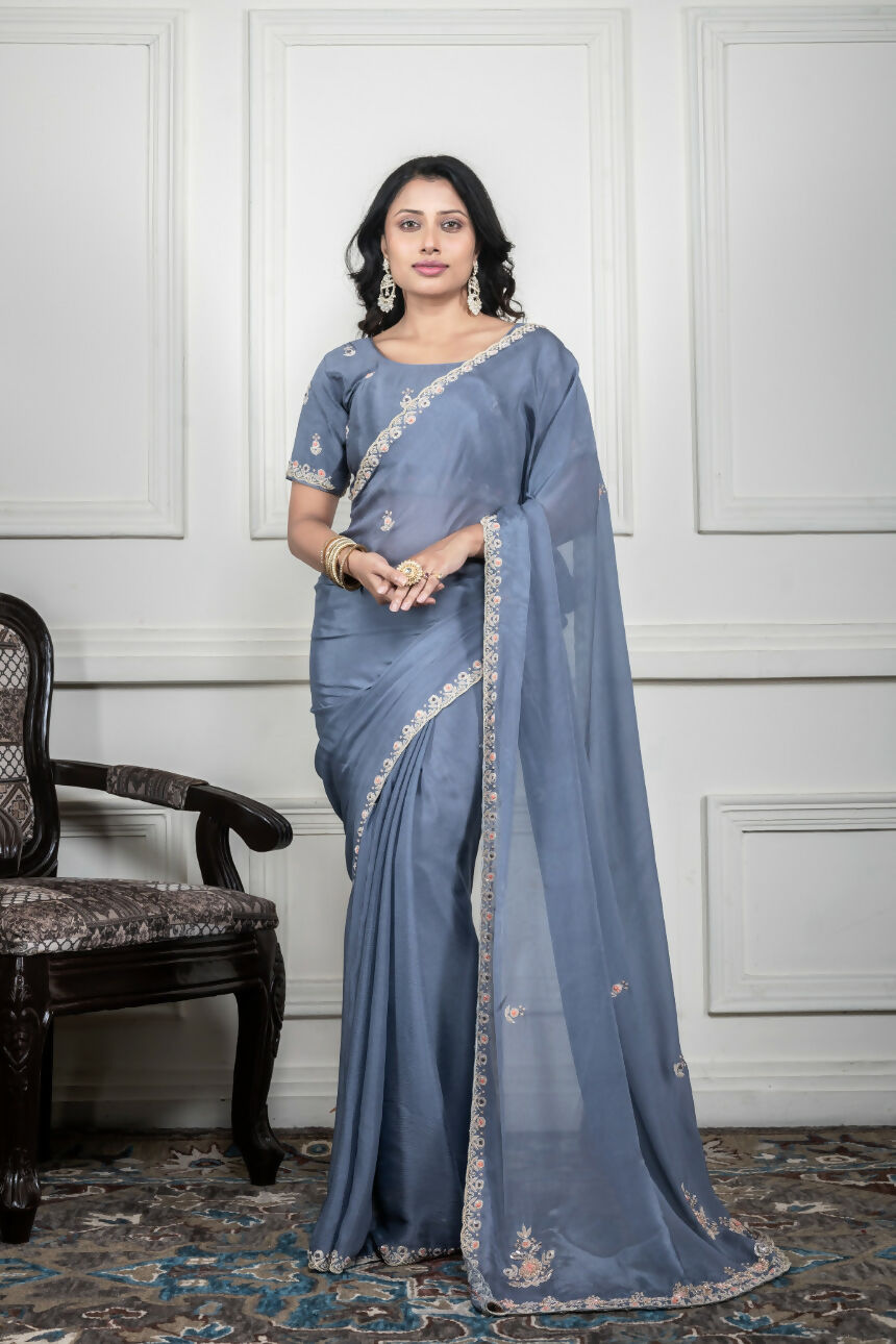 Morchari Grey Chiffon Hand Embroidery Saree And Stitched Blouse