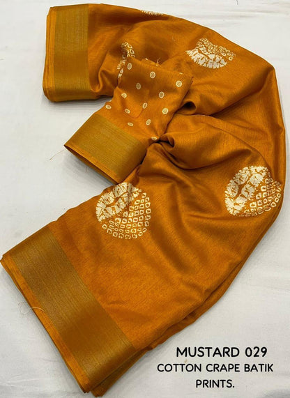 Mustard Cotton Crepe Batik Print Saree with Unstitched Blouse - Hiral Fashion