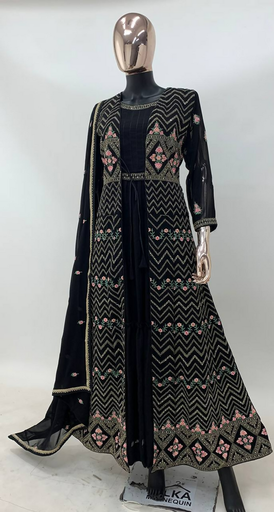 Lorenvalley Fashion Black Faux Georgette Embroidery Work Gown Jacket Stitched